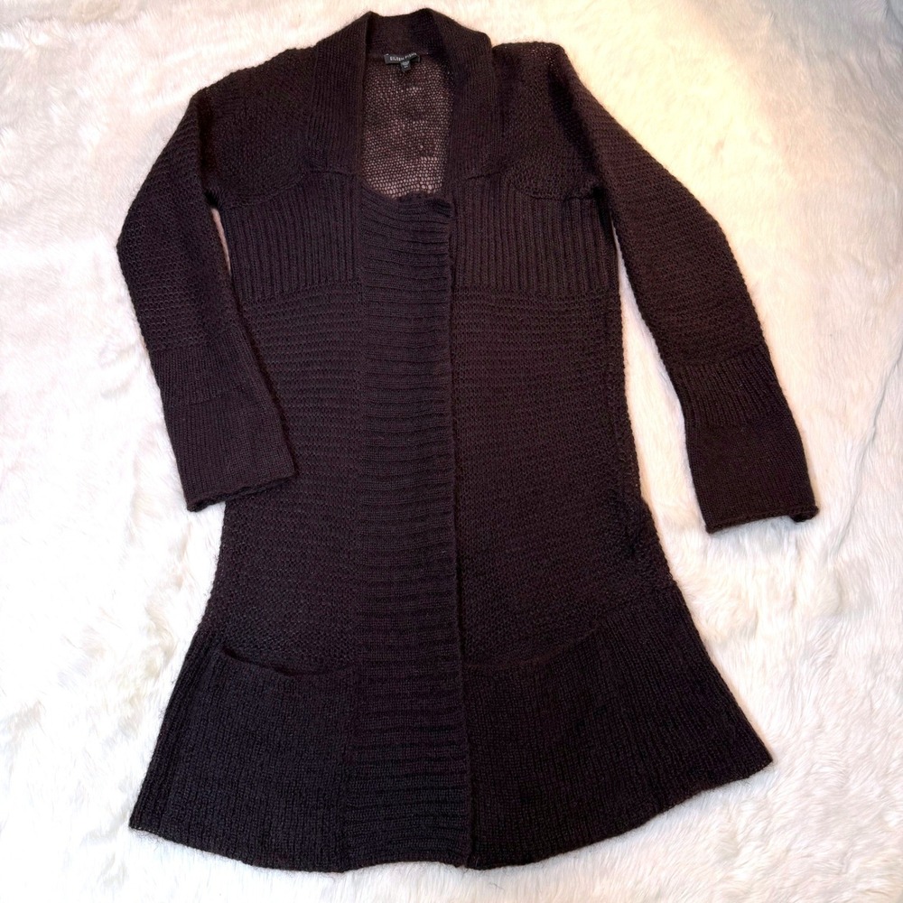 Eileen Fisher Cardigan XS Dark Brown Mohair Wool Blend Longline Knit Sweater